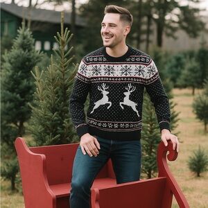 Fair Isle Nordic Christmas Sweater Reindeer and Snowflake Pattern by V28